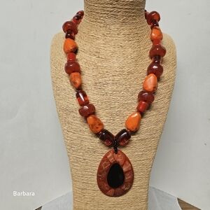 Vintage Orange Acrylic Beads with Orange & Black Pendant Necklace